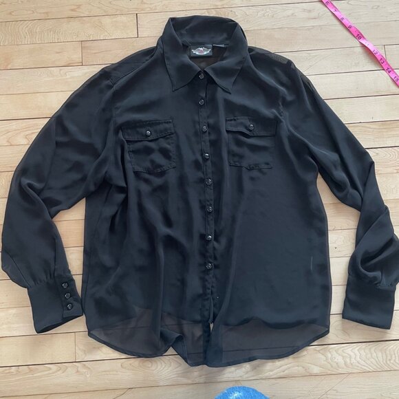 Harley Davidson Plus Size 1X Sheer Black Button Down Rhinestone Logo Top Womens - Picture 10 of 12